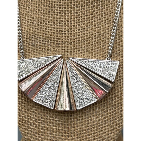 Vintage Avon Mark Silver Tone Rose Gold Bib Necklace Clear Rhinestones Adj 20.5" - Picture 2 of 4